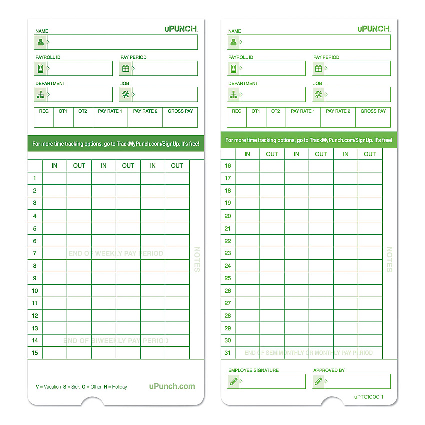 Time Clock Cards for uPunch HN1000/HN3000/HN3600, Two Sides, 7.5 x 3.5, 100/Pack (PPZHNTCG1100)