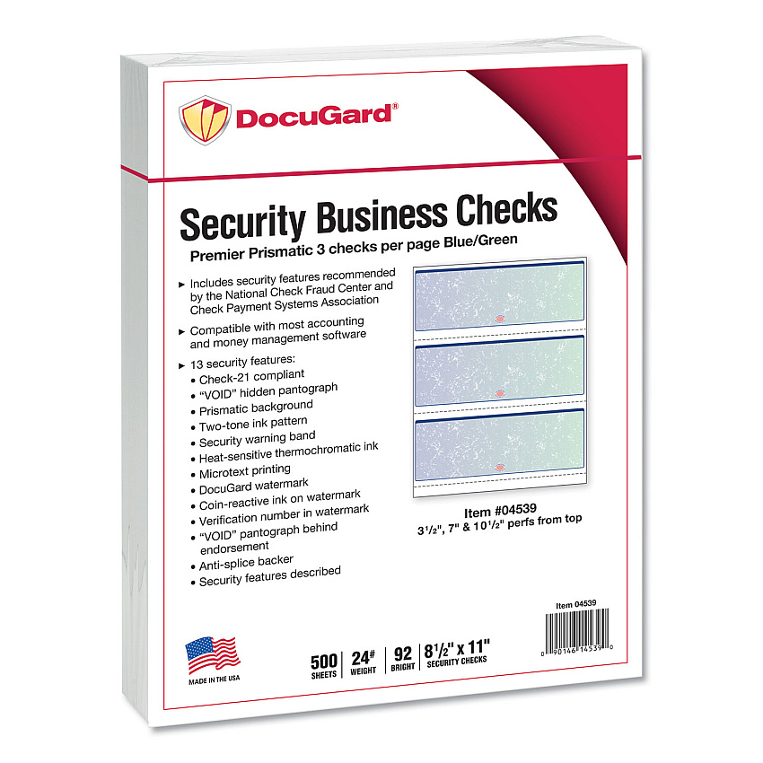 DocuGard Premier Prismatic Check, 13 Features, 8.5 x 11, Blue/Green Prismatic, 500/Ream (PRB04539RM)