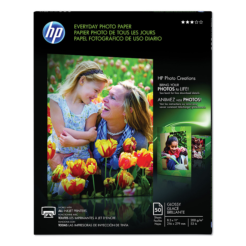 HP Everyday Photo Paper, 8 mil, 8.5 x 11, Glossy White, 50/Pack (HEWQ8723A)