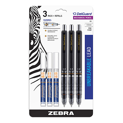 Zebra Delguard Mechanical Pencil, 0.5 mm, HB (#2), Black Lead, Black Barrel, 3/Pack (ZEB10613)