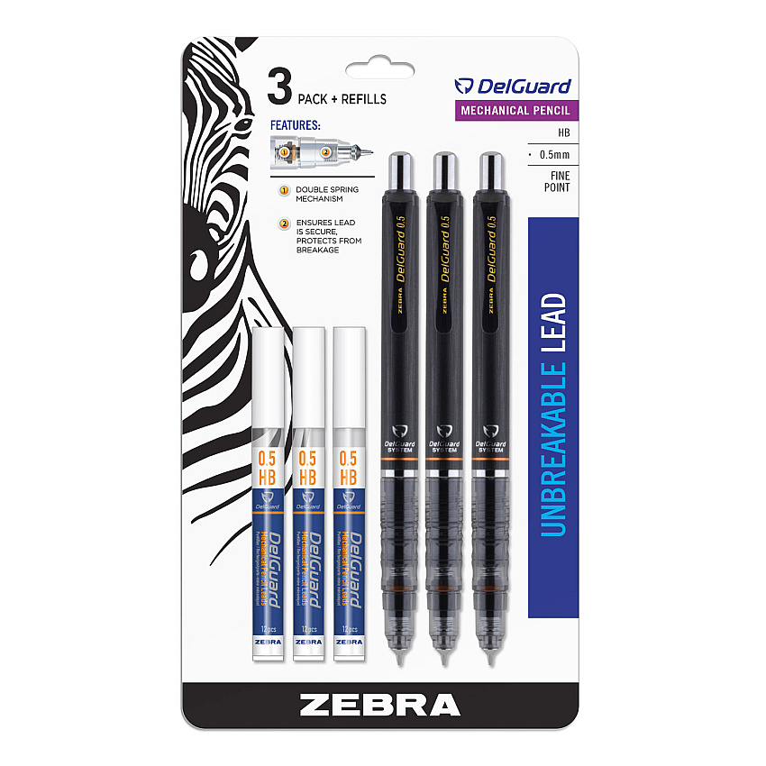 Zebra Delguard Mechanical Pencil, 0.5 mm, HB (#2), Black Lead, Black Barrel, 3/Pack (ZEB10613)
