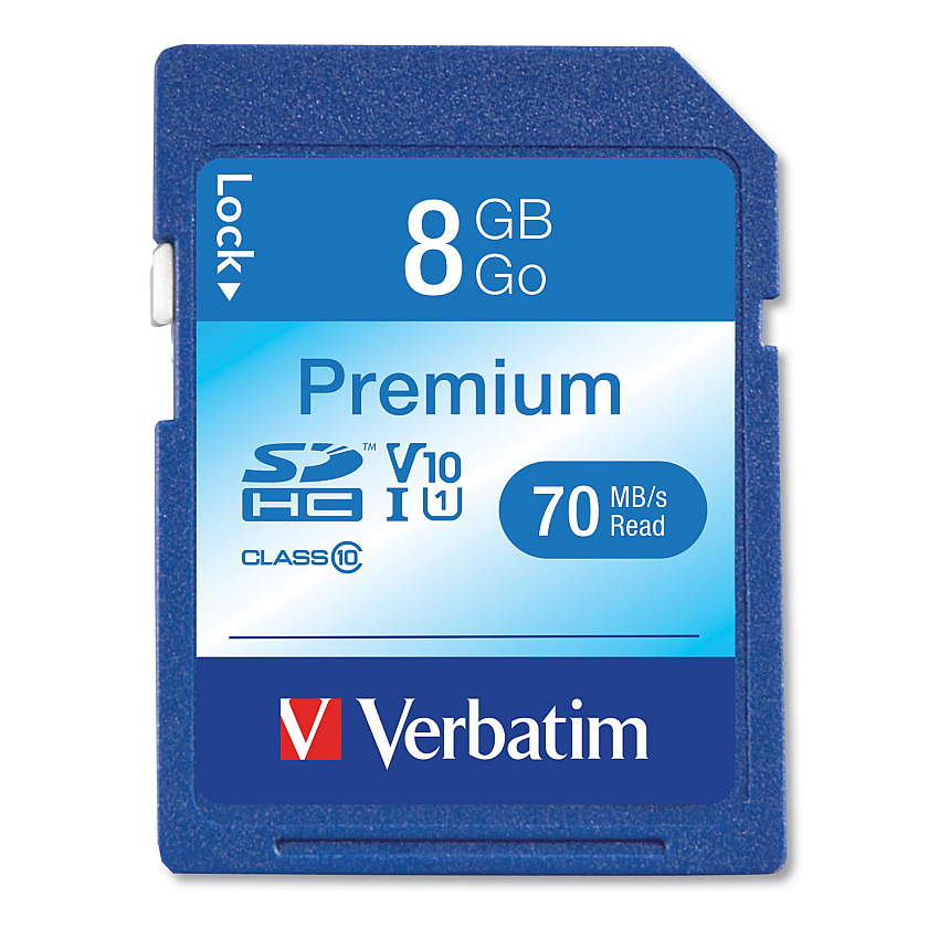 Verbatim 8GB Premium SDHC Memory Card, UHS-1 V10 U1 Class 10, Up to 70MB/s Read Speed (VER96318)