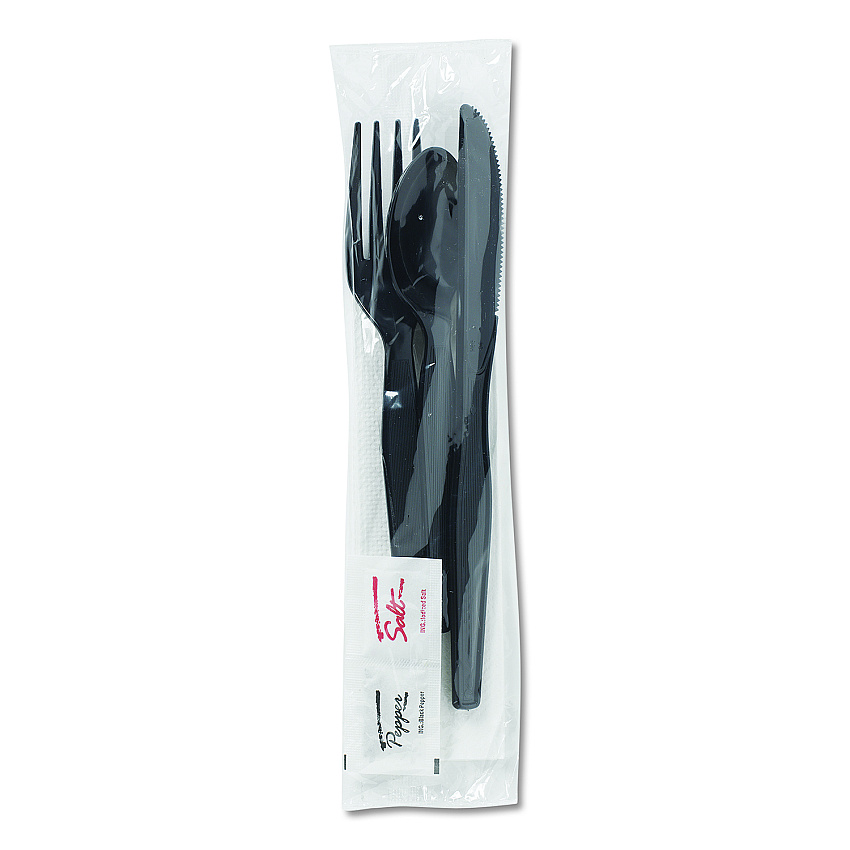 Dixie Wrapped Tableware/Napkin Packets, Fork/Knife/Spoon/Napkin, Black, 250/Carton (DXECH56NSPC7)