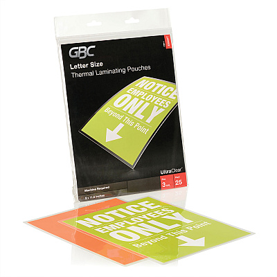 GBC UltraClear Thermal Laminating Pouches, 3 mil, 9" x 11.5", Gloss Clear, 25/Pack (GBC3200577B)