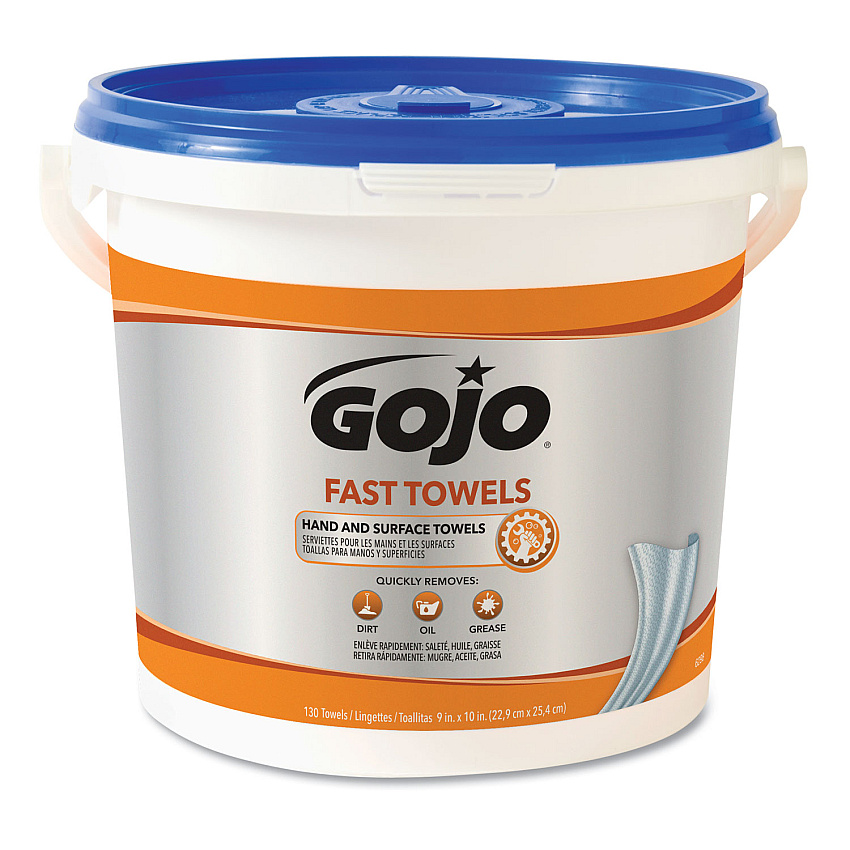 GOJO FAST TOWELS Hand Cleaning Towels, 7.75 x 11, Fresh Citrus, Blue, 130/Bucket, 4 Buckets/Carton (GOJ6298)