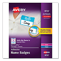 Avery Flexible Adhesive Name Badge Labels, "Hello", 3 3/8 x 2 1/3, Assorted, 120/PK (AVE8722)