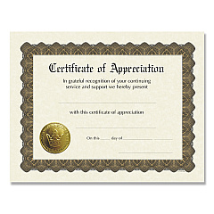 Great Papers Ready-to-Use Certificates, Appreciation, 11 x 8.5, Ivory/Brown/Gold Colors with Brown Border, 6/Pack (COS930000)