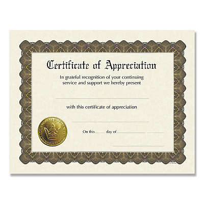 Great Papers Ready-to-Use Certificates, Appreciation, 11 x 8.5, Ivory/Brown/Gold Colors with Brown Border, 6/Pack (COS930000)