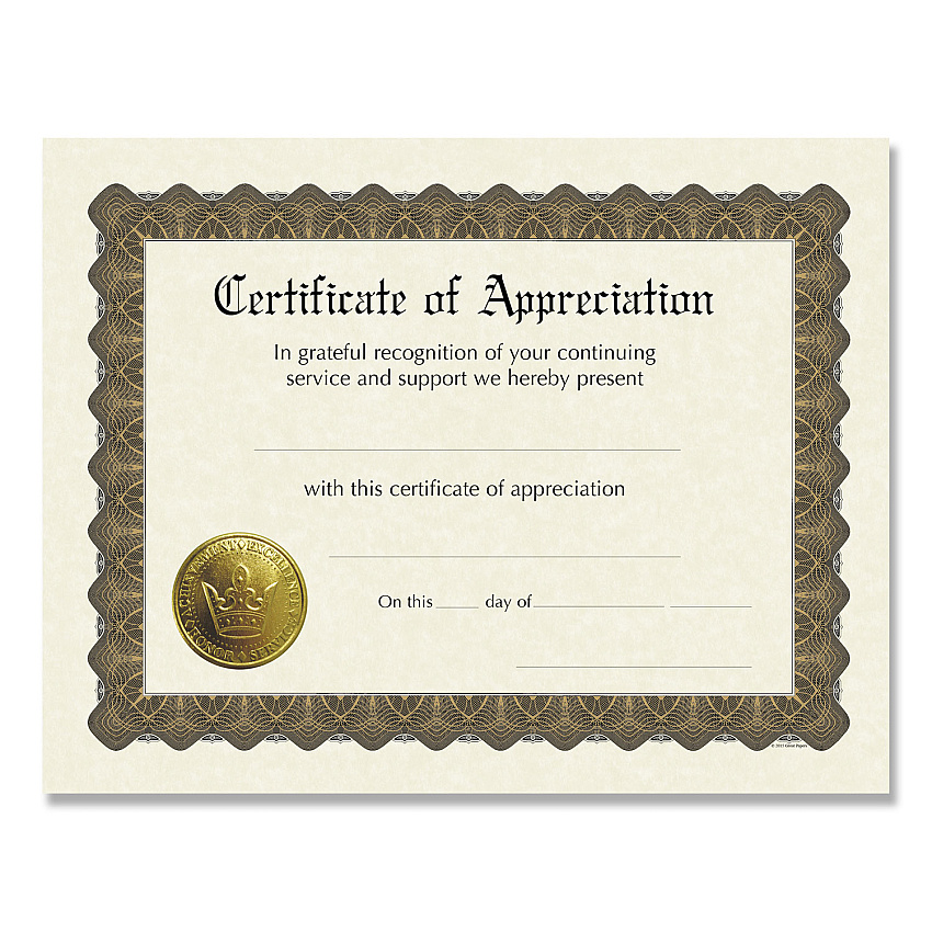 Great Papers Ready-to-Use Certificates, Appreciation, 11 x 8.5, Ivory/Brown/Gold Colors with Brown Border, 6/Pack (COS930000)