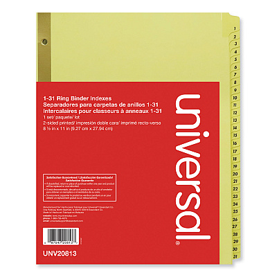 Universal Deluxe Preprinted Plastic Coated Tab Dividers with Black Printing, 31-Tab, 1 to 31, 11 x 8.5, Buff, 1 Set (UNV20813)