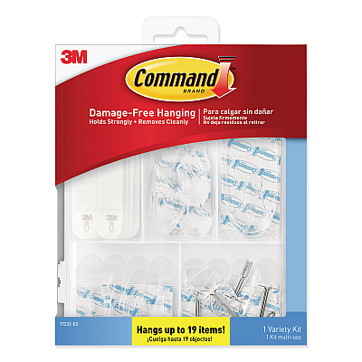 Command Clear Hooks and Strips, Assorted Sizes, Plastic, 0.05 lb; 2 lb; 4-16 lb Capacities, 16 Picture Strips/15 Hooks/22 Strips/Pack (MMM17232ES)