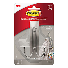Command Adhesive Mount Metal Hook, Large, Double Hook, Brushed Nickel Finish, 4 lb Capacity, 1 Hook and 2 Strips (MMM17036BNES)