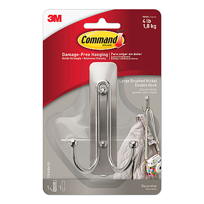 Command Adhesive Mount Metal Hook, Large, Double Hook, Brushed Nickel Finish, 4 lb Capacity, 1 Hook and 2 Strips (MMM17036BNES)