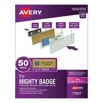 Avery The Mighty Badge Name Badge Holder Kit, Horizontal, 3 x 1, Laser, Gold, 50 Holders/120 Inserts (AVE71207)