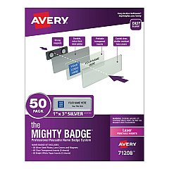 Avery The Mighty Badge Name Badge Holder Kit, Horizontal, 3 x 1, Laser, Silver, 50 Holders/120 Inserts (AVE71208)
