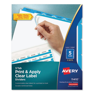 Avery Print and Apply Index Maker Clear Label Dividers, 5-Tab, Color Tabs, 11 x 8.5, White, Blue Tabs, 5 Sets (11410)