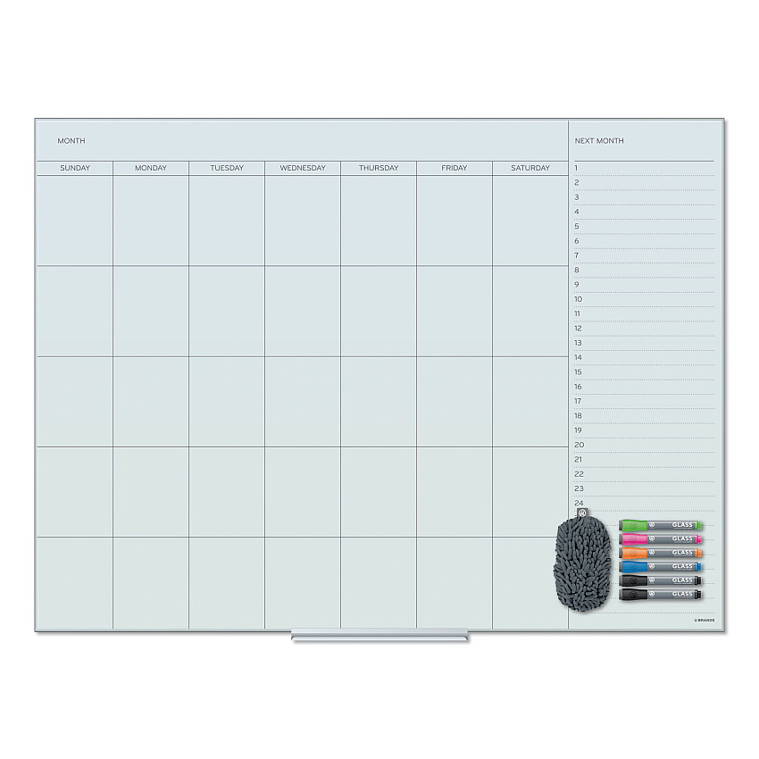 U Brands Floating Glass Dry Erase Undated One Month Calendar, 47 x 35, White (UBR3969U0001)