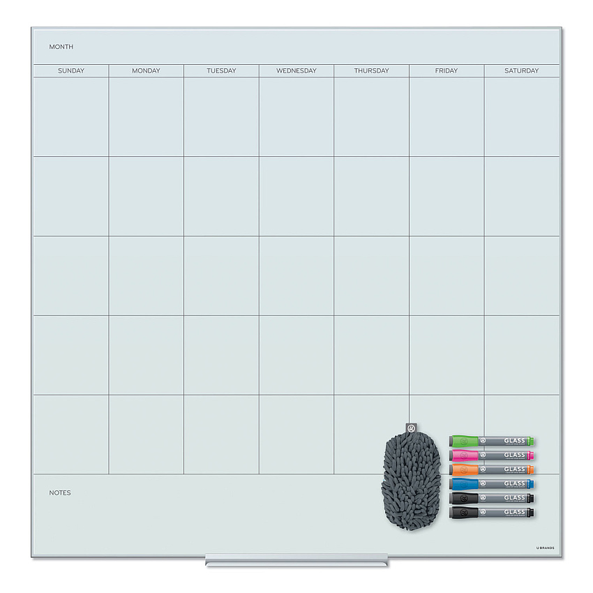 U Brands Floating Glass Dry Erase Undated One Month Calendar, 35 x 35, White (UBR3968U0001)
