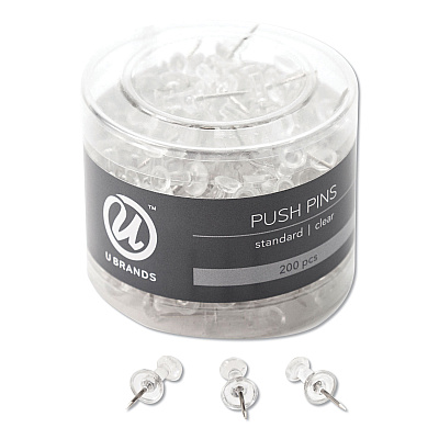 U Brands Standard Push Pins, Plastic, Clear, 0.44", 200/Pack (UBR658U0824)
