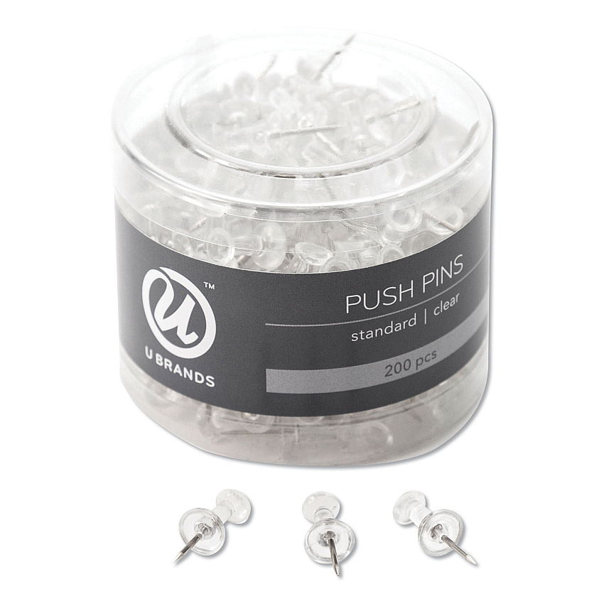 U Brands Standard Push Pins, Plastic, Clear, 0.44", 200/Pack (UBR658U0824)