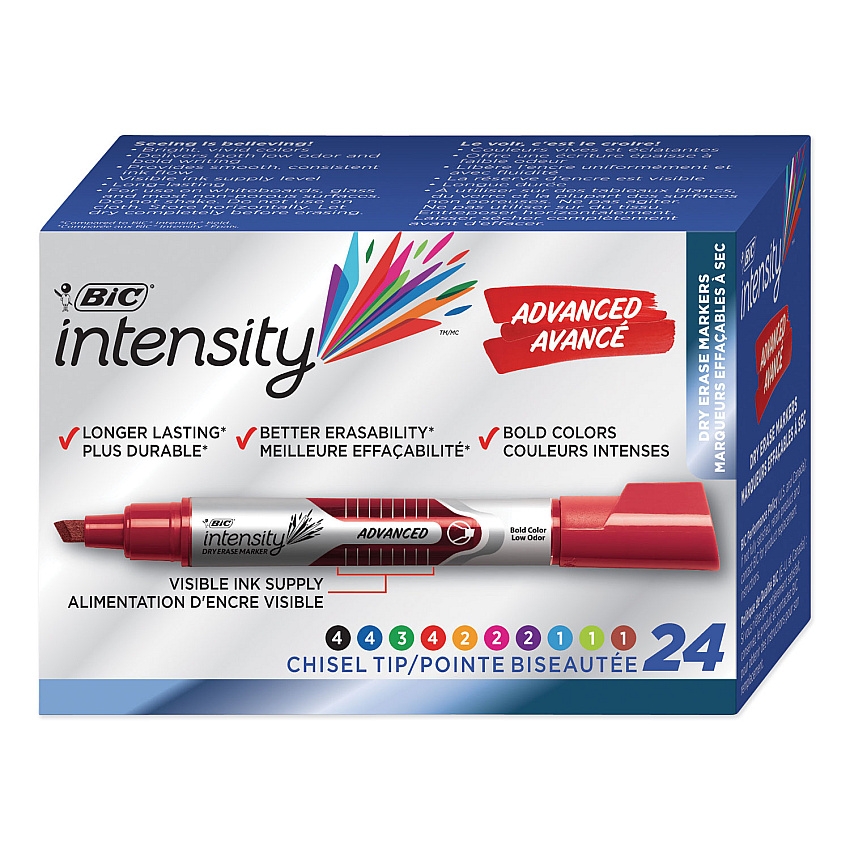 BIC Intensity Advanced Dry Erase Marker, Tank-Style, Broad Chisel Tip, Assorted Colors, 24/Pack (BICGELITP241AST)