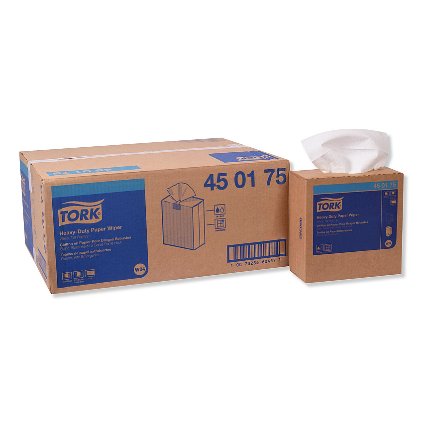 Tork Heavy-Duty Paper Wiper, 1-Ply, 9.25 x 16.25, Unscented, White, 90 Wipes/Box, 10 Boxes/Carton (TRK450175)