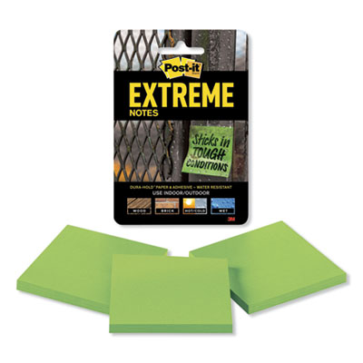 Post-it Extreme Notes Water-Resistant Self-Stick Notes, 3" x 3", Green, 45 Sheets/Pad, 3 Pads/Pack (XTRM333TRYGN)
