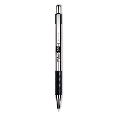 Zebra F-301 Ballpoint Pen, Retractable, Bold 1.6 mm, Black Ink, Stainless Steel/Black Barrel, 2/Pack (ZEB27312)