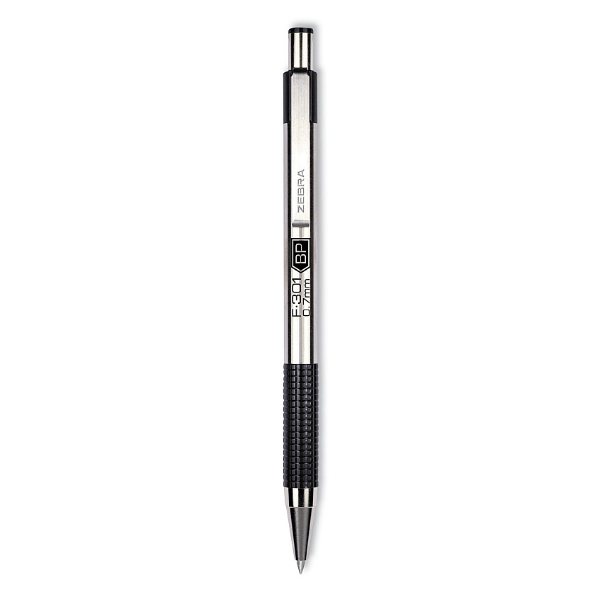 Zebra F-301 Ballpoint Pen, Retractable, Bold 1.6 mm, Black Ink, Stainless Steel/Black Barrel, 2/Pack (ZEB27312)