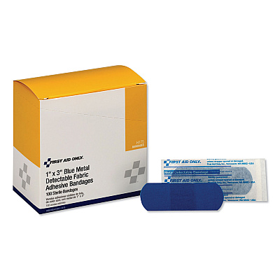 First Aid Only Adhesive Blue Metal Detectable Bandages, 1 x 3, Plastic with Foil, 100/Box, 12 Boxes/Carton (FAOH175)