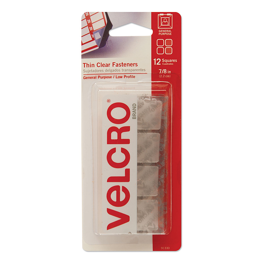 Velcro Sticky-Back Fasteners, Removable Adhesive, 0.88" x 0.88", Clear, 12/Pack (VEK91330)