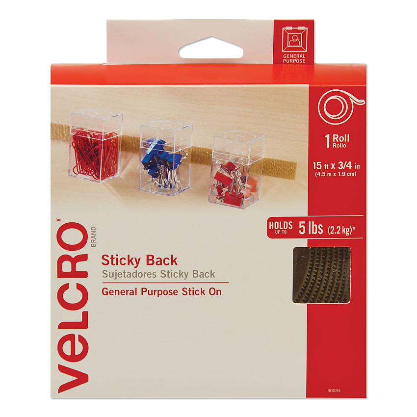 Velcro Sticky-Back Fasteners with Dispenser, Removable Adhesive, 0.75" x 15 ft, Beige (VEK90083)