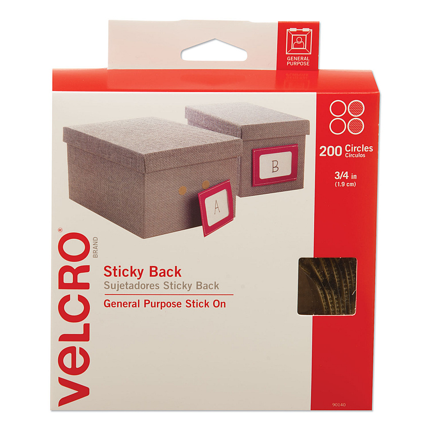 Velcro Sticky-Back Fasteners with Dispenser Box, Removable Adhesive, 0.75" dia, Beige, 200/Roll (VEK90140)