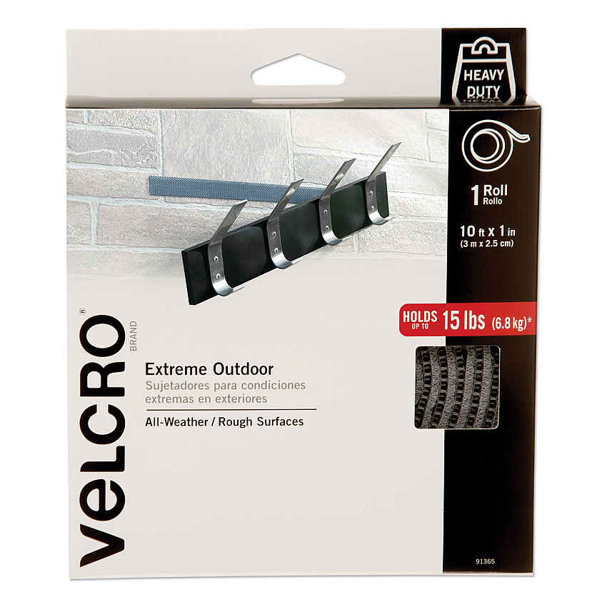 Velcro Heavy-Duty Fasteners, Extreme Outdoor Performance, 1" x 10 ft, Titanium (VEK91365)