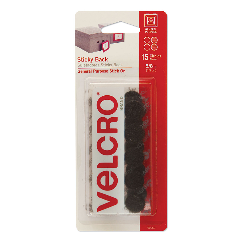 Velcro Sticky-Back Fasteners, Removable Adhesive, 0.63" dia, Black, 15/Pack (VEK90069)