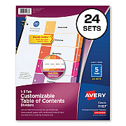 Avery Customizable TOC Ready Index Multicolor Tab Dividers, Uncollated, 5-Tab, 1 to 5, 11 x 8.5, White, 24 Sets (AVE11167)