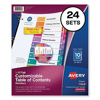 Avery Customizable TOC Ready Index Multicolor Tab Dividers, Uncollated, 10-Tab, 1 to 10, 11 x 8.5, White, 24 Sets (AVE11169)