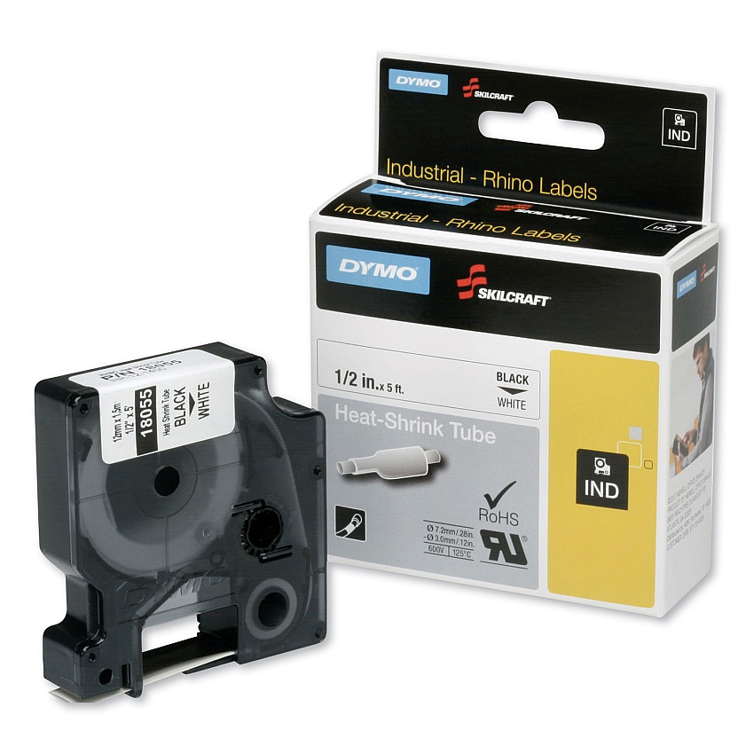 AbilityOne 7510016576749, SKILCRAFT Dymo Heat Shrink Label Cassette, 0.5" x 5 ft, Black/White