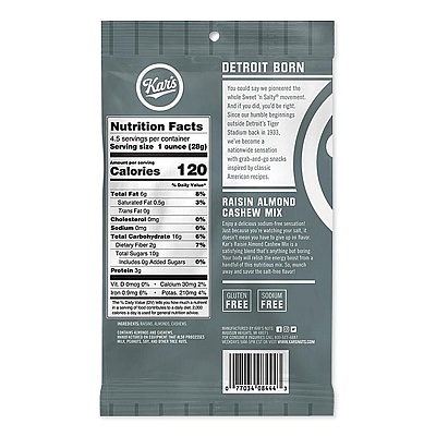 Kar's Fresh Harvest Trail Mix, Raisin Almond Cashew, 4.5 oz Bag, 12/Box (KAR08444)
