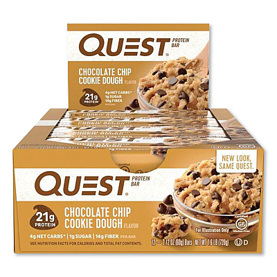 Quest Protein Bars, Chocolate Chip Cookie Dough, 2.12 oz Bar, 12 Bars/Box (QCC00003)