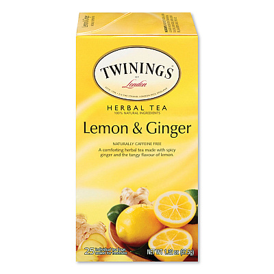 TWININGS Tea Bags, Lemon and Ginger, 1.32 oz Tea Bag, 25 Tea Bags/Box (TWG85145)