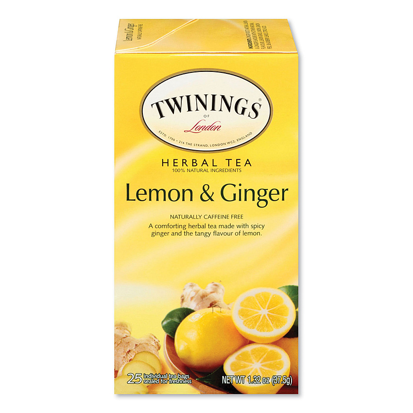 TWININGS Tea Bags, Lemon and Ginger, 1.32 oz Tea Bag, 25 Tea Bags/Box (TWG85145)