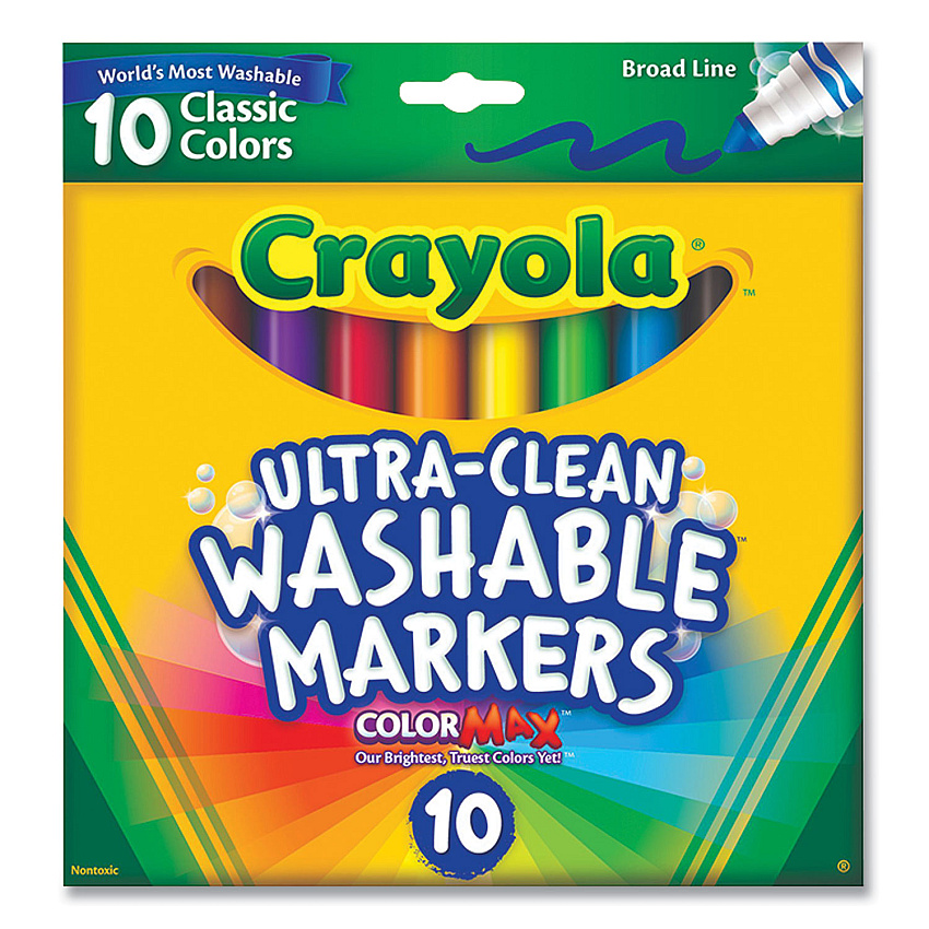 Crayola Ultra-Clean Washable Markers, Broad Bullet Tip, Assorted Colors, 10/Pack (CYO587851)