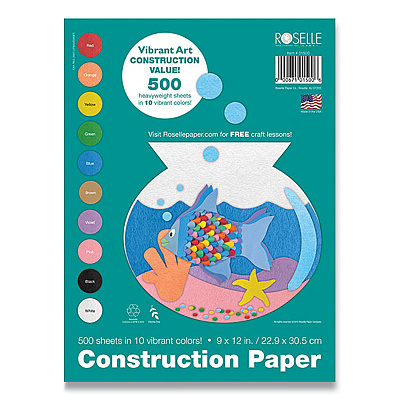 Roselle Vibrant Art Heavyweight Construction Paper, 76 lb Text Weight, 9 x 12, Assorted Colors, 500/Pack (RLPCON01500)