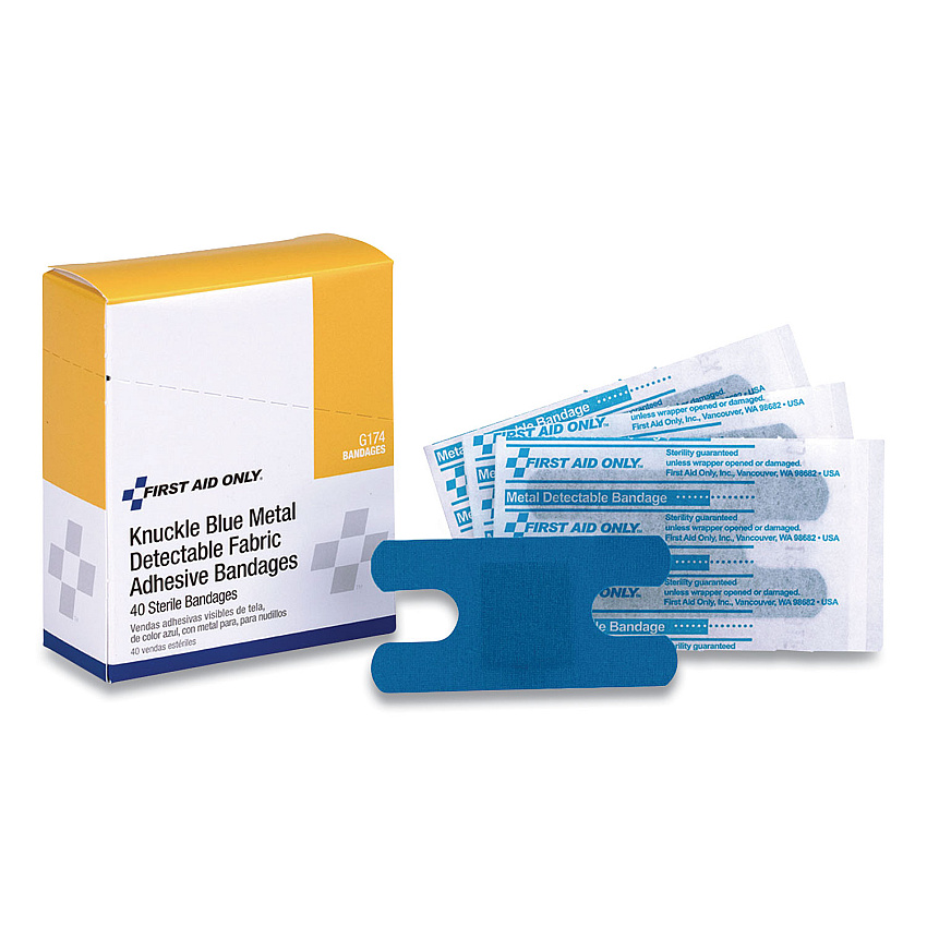First Aid Only Blue Metal Detectable Fabric Adhesive Bandages, Four-Wing Knuckle, 1.5 x 3, 40/Box (FAOG174)