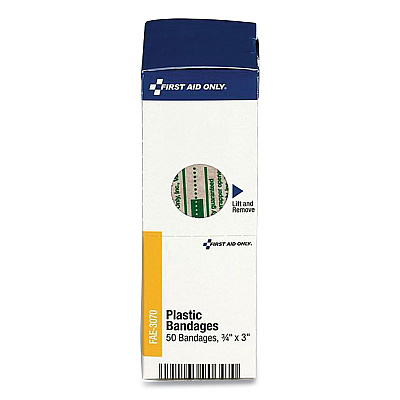 First Aid Only Adhesive Plastic Bandages, 0.75 x 3, 50/Box (FAOFAE3070)