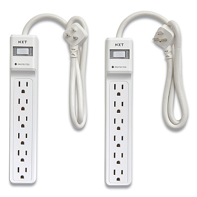 NXT Technologies Surge Protector, 6 AC Outlets, 2.5 ft Cord, 500 J, White, 2/Pack (NXT24324332)
