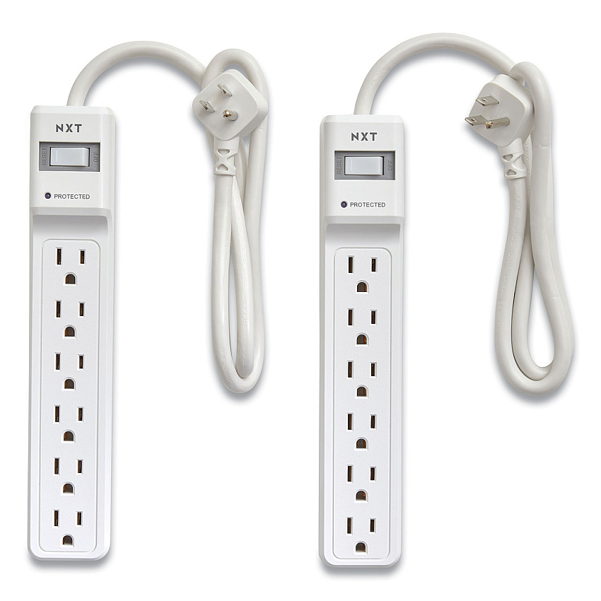 NXT Technologies Surge Protector, 6 AC Outlets, 2.5 ft Cord, 500 J, White, 2/Pack (NXT24324332)