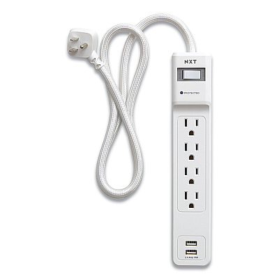 NXT Technologies Surge Protector, 4 AC Outlets/2 USB Ports, 3 ft Cord, 600 J, White (NXT24324333)