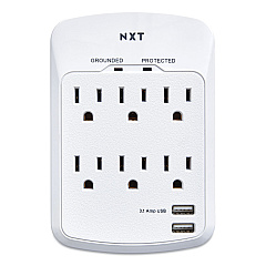 NXT Technologies Wall-Mount Surge Protector, 6 AC Outlets/2 USB Ports, 1,200 J, White (NXT24324334)